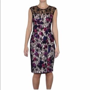 French Connection Black Lace Floral Midi Dress Purple Pink Flowers